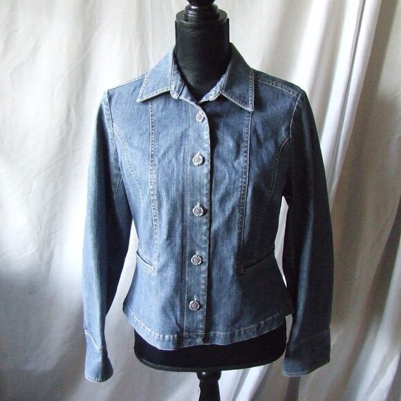 Valerie Stevens jean jacket petite medium blue denim coat grey plastic buttons - Picture 1 of 12